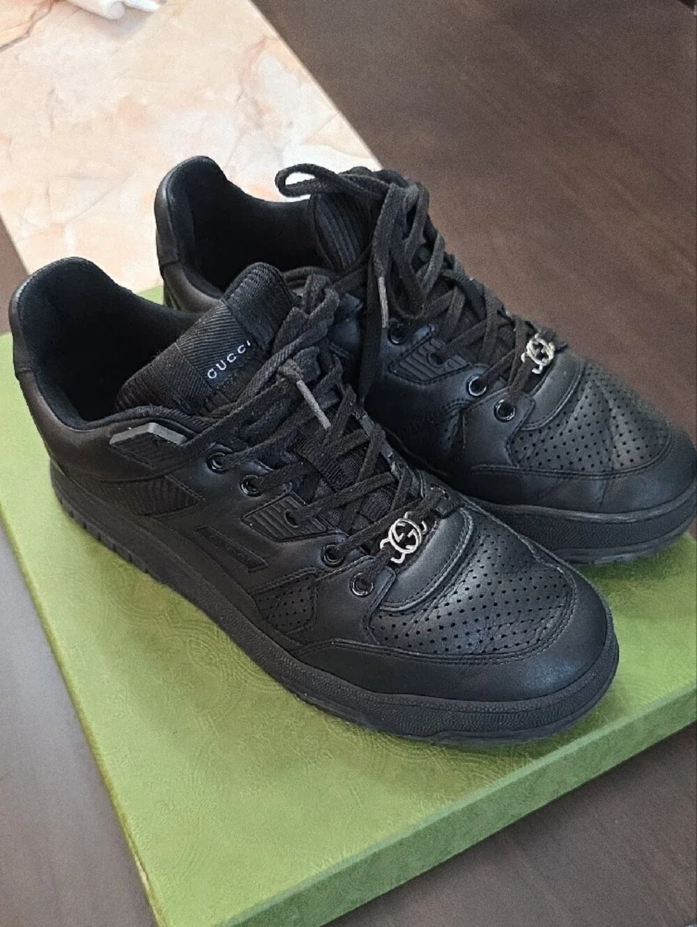 Gucci Men’s Black Leather Sneakers with Silver Double G Hardware